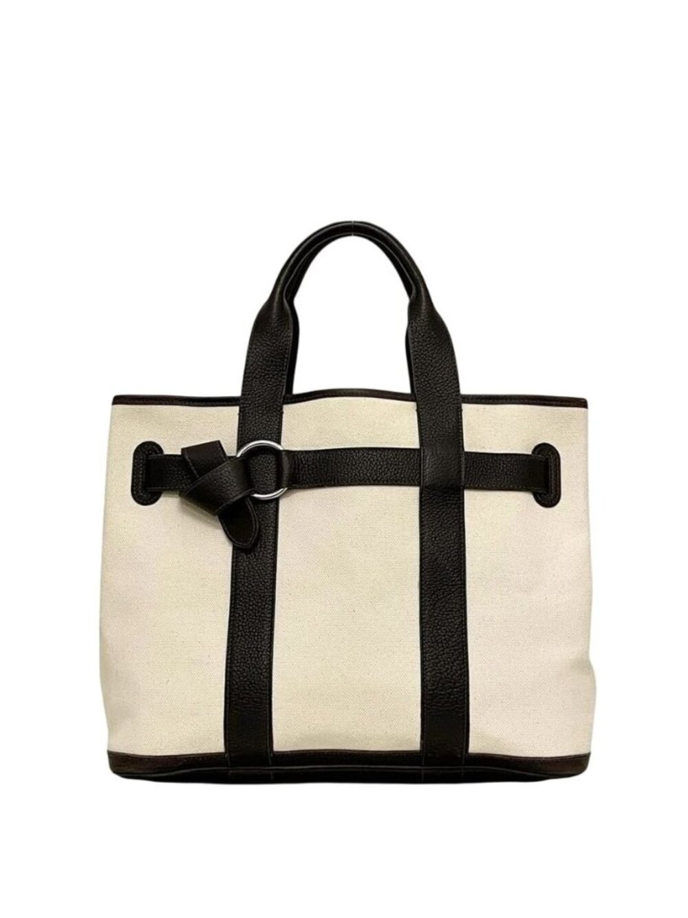 Hermes Tote Petite Ceinture MM Ivory Dark Brown Canvas Leather